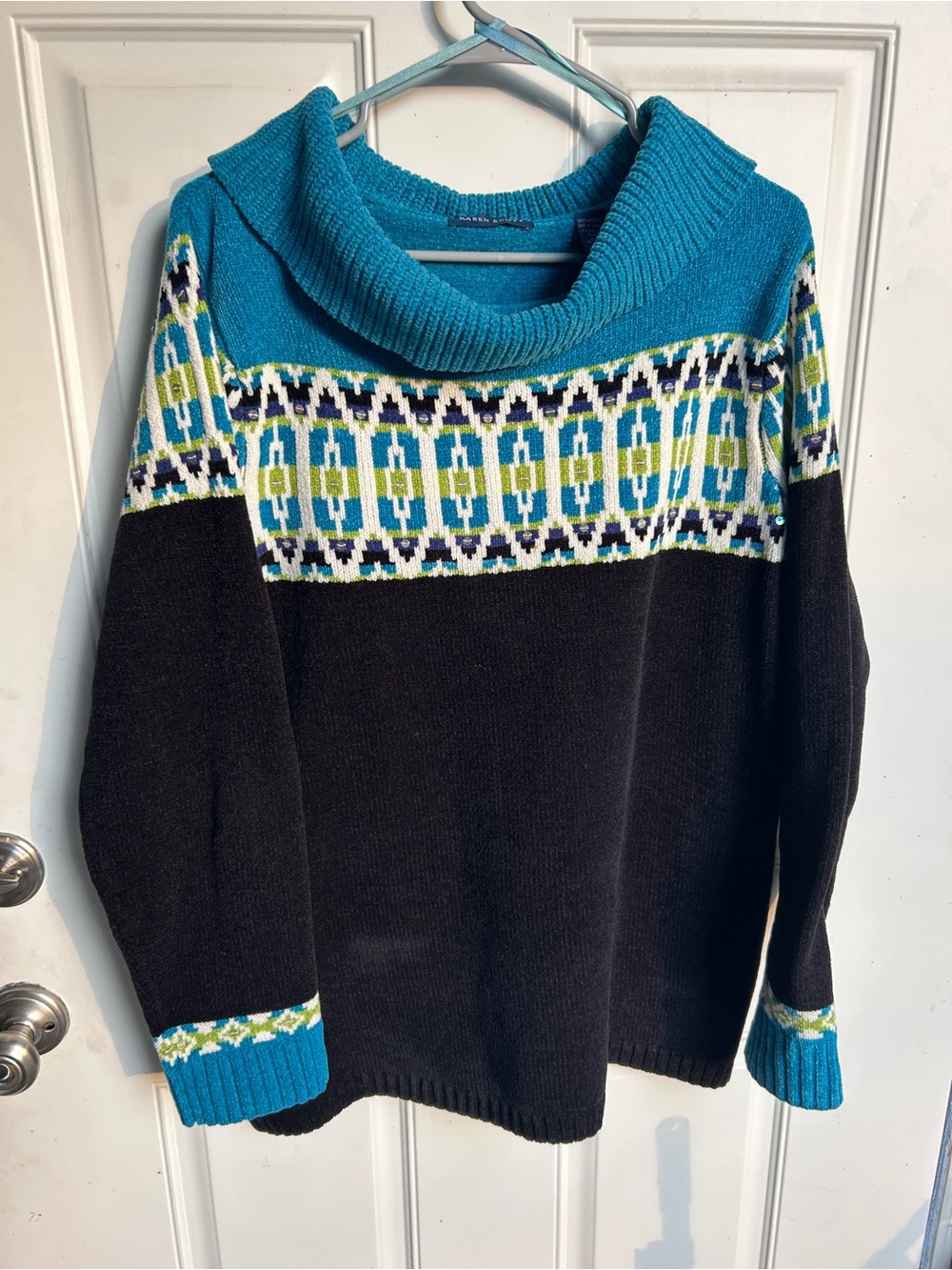 Karen Scott Turquoise and Black Cowl Neck Geometric Sweater